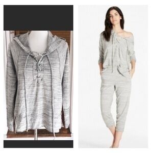 Lucky Brand pull over 1/4 lace up fleece hooded gray sweatshirt